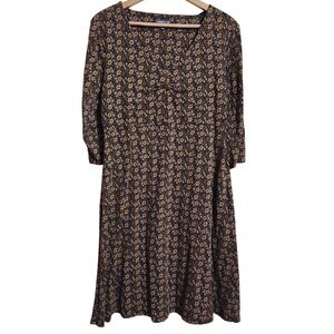 Toad & Co Floral V-Neck Midi Dress Womens Large Brown Blue 3/4 Sleeve A-Line